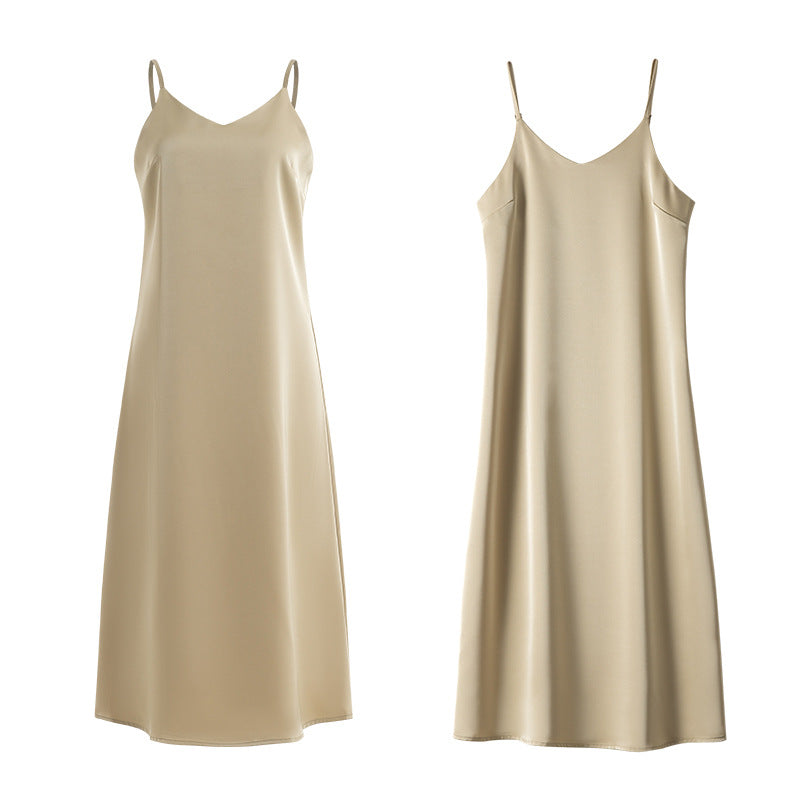 Women's Satin Slip Dress, V-Neck Midi with Adjustable Straps