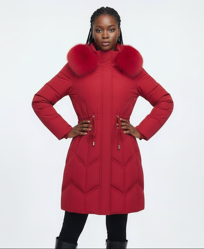 Puffer Coat in Faux Fur Long with Adjustable Waist