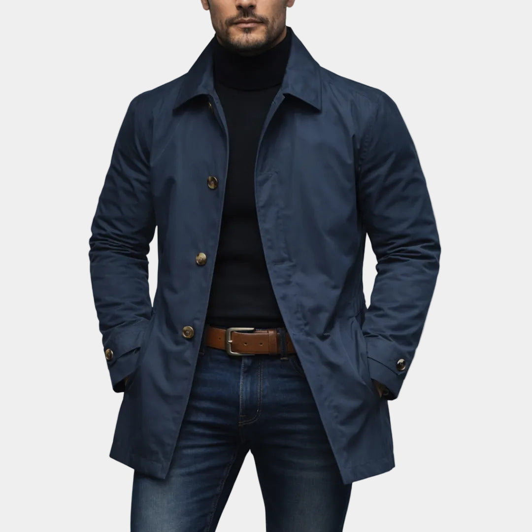 Men's Mac Coat, Single-Breasted Mid-Length Car Coat with Classic Collar