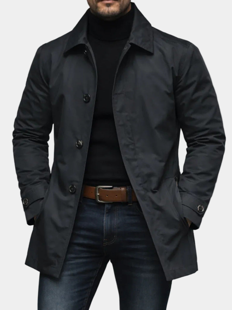 Men's Mac Coat, Single-Breasted Mid-Length Car Coat with Classic Collar