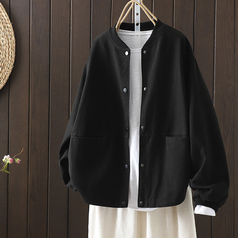 Women's Oversized Boxy Jacket, Collarless Button-Front Coat with Patch Pockets