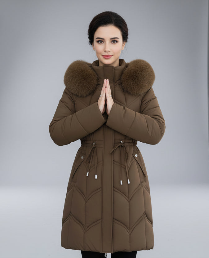 Puffer Coat in Faux Fur Long with Adjustable Waist