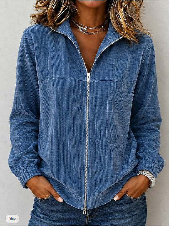Women's Corduroy-Look Zip Jacket, Collared Casual Coat with Chest Pocket