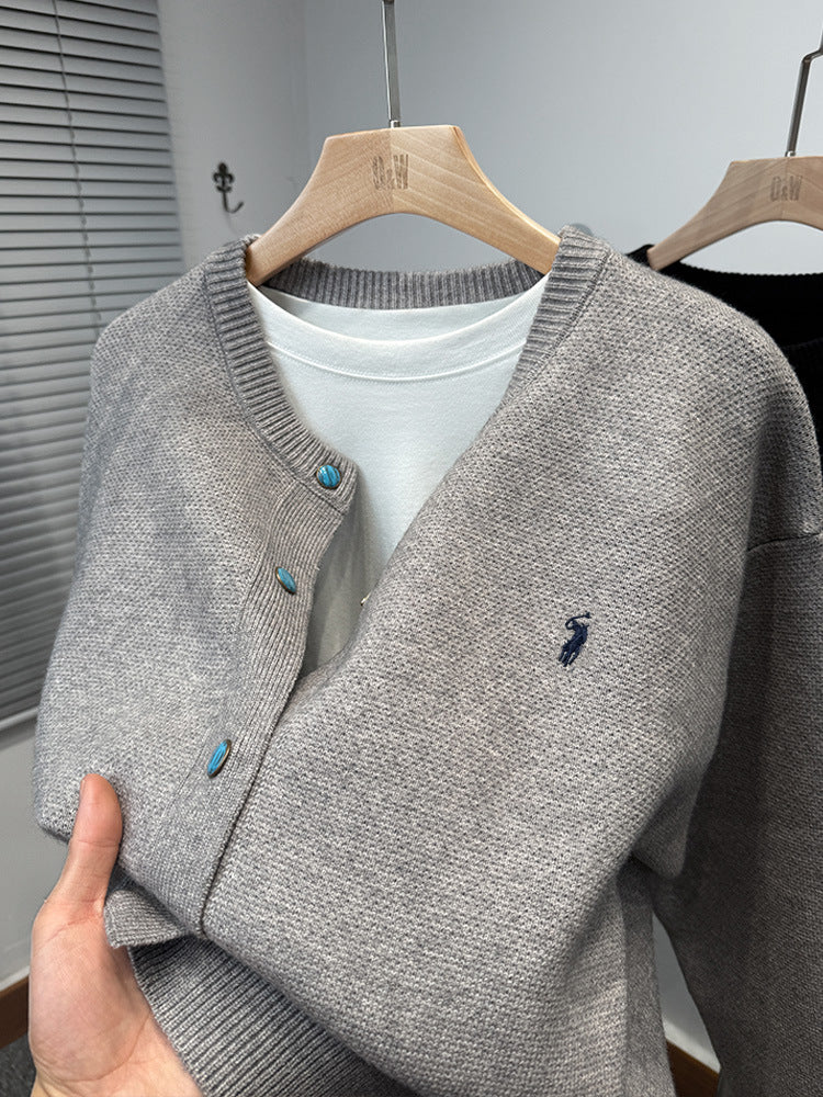 Men's Round Neck Knitted Cardigan, Button-Through Relaxed Fit Layering Knit