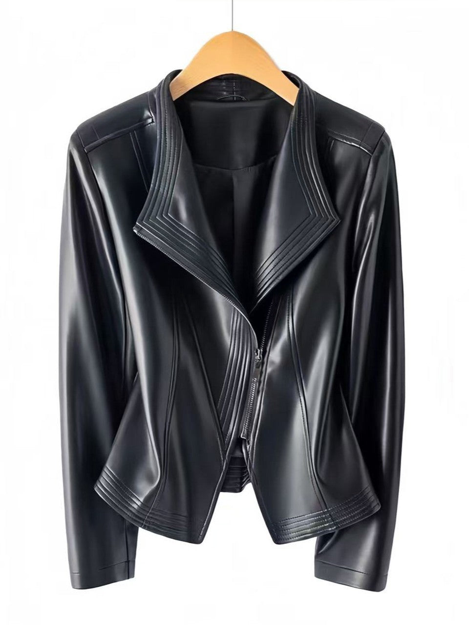 Women's Leather-Look Waterfall Jacket, Slim Fit Biker Style with Zip Pockets