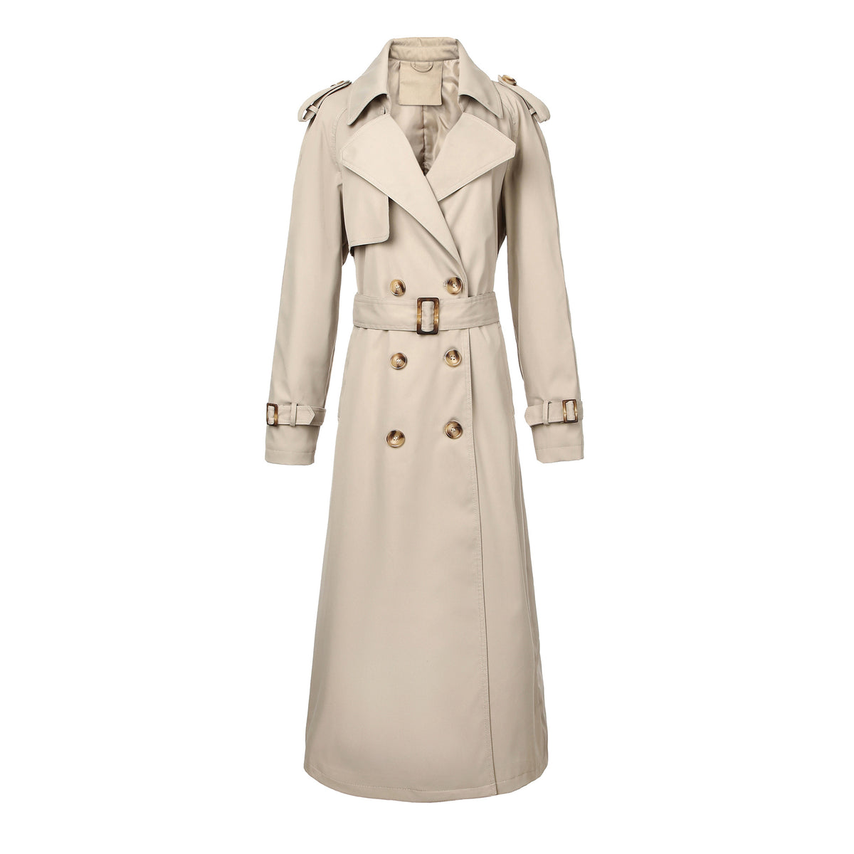 Women's Long Double-Breasted Trench Coat, Belted Classic Lapel Overcoat