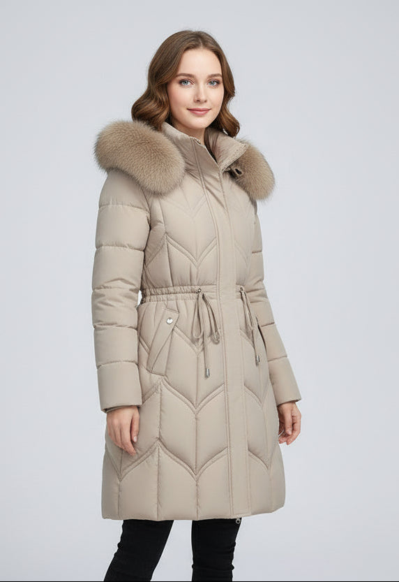 Puffer Coat in Faux Fur Long with Adjustable Waist