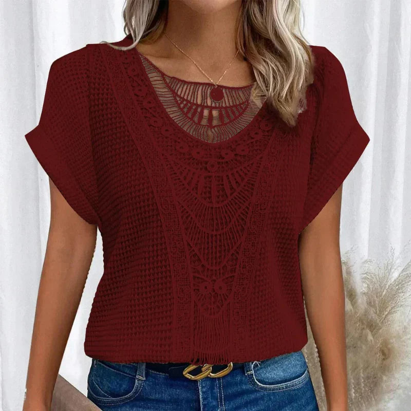 Women's Crochet Blouse Woven Fabric Short Sleeve Round Neck