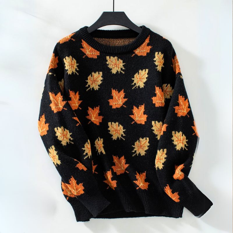 Women's Leaf Print Jumper, Crew Neck Relaxed Fit Knitted Pullover