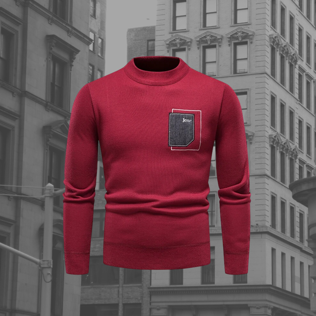 Men's Stand Collar Jumper, Contrast Chest Pocket Knitted Pullover