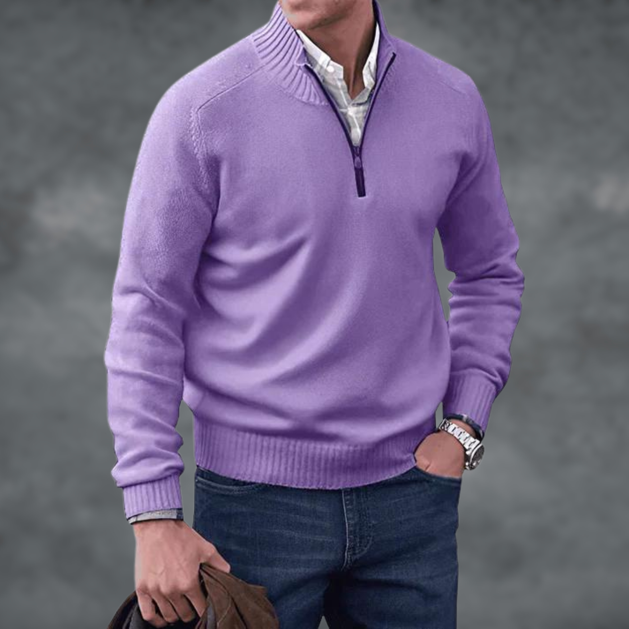 Men's Quarter Zip Jumper, Stand Collar Ribbed Knit Pullover