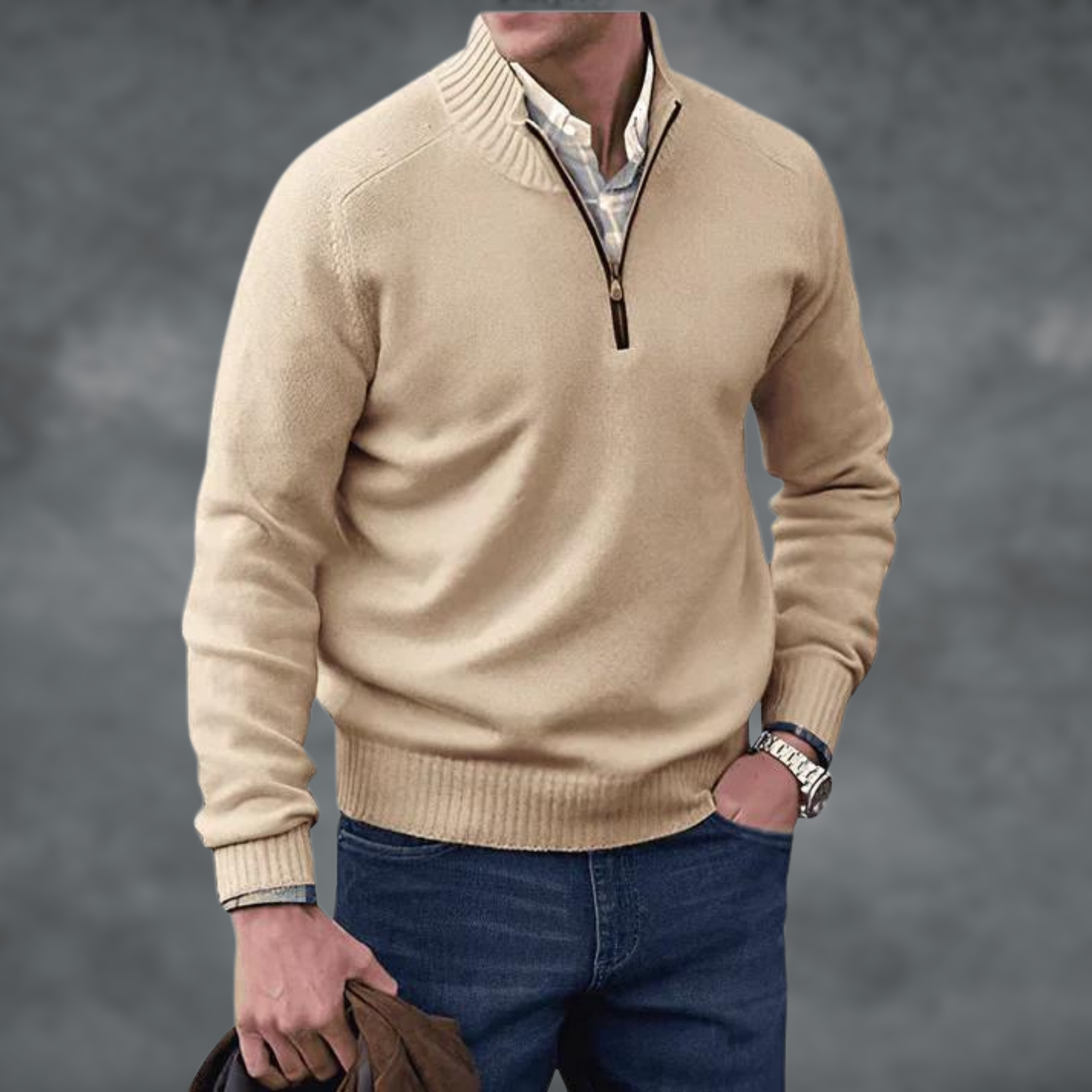 Men's Quarter Zip Jumper, Stand Collar Ribbed Knit Pullover