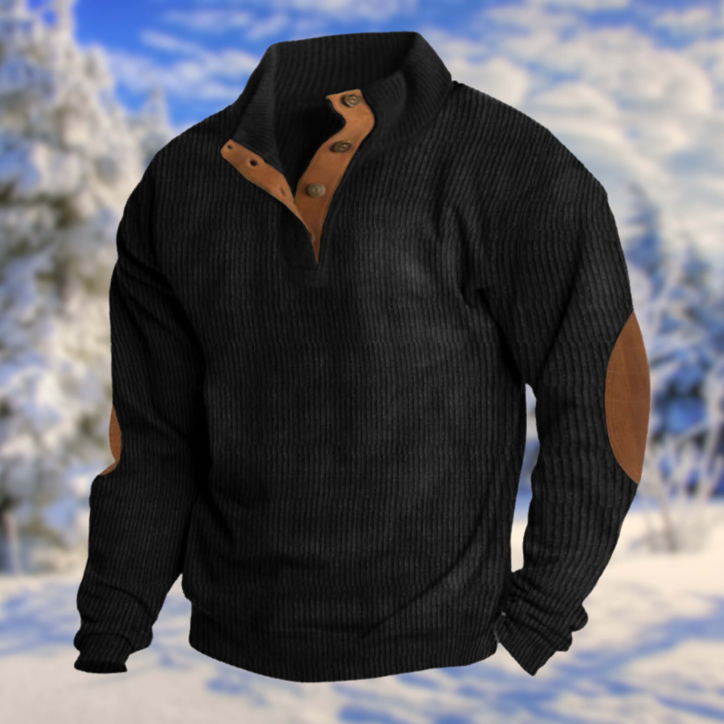 Men's Elbow Patch Jumper, Button Placket Stand Collar Ribbed Knit