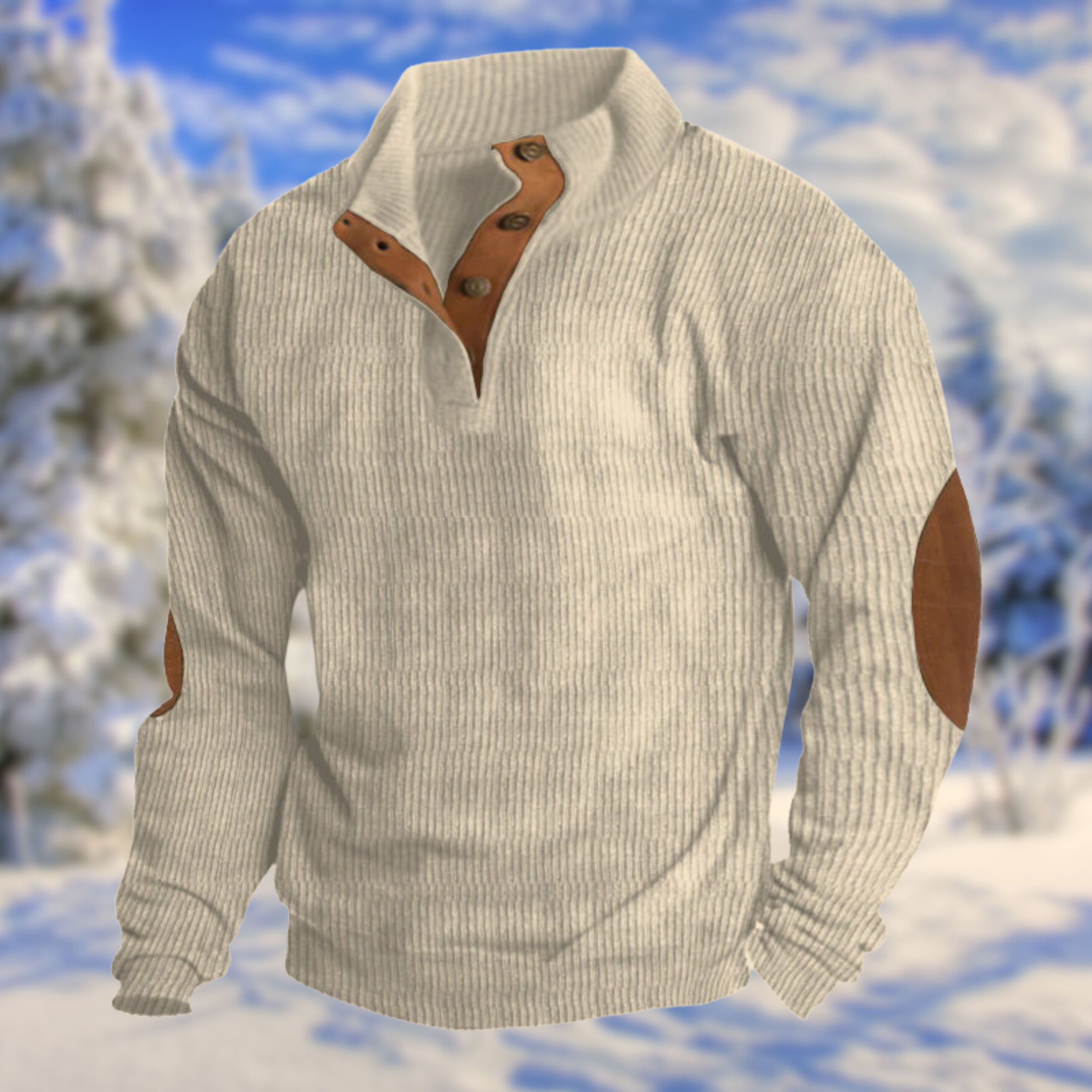 Men's Elbow Patch Jumper, Button Placket Stand Collar Ribbed Knit