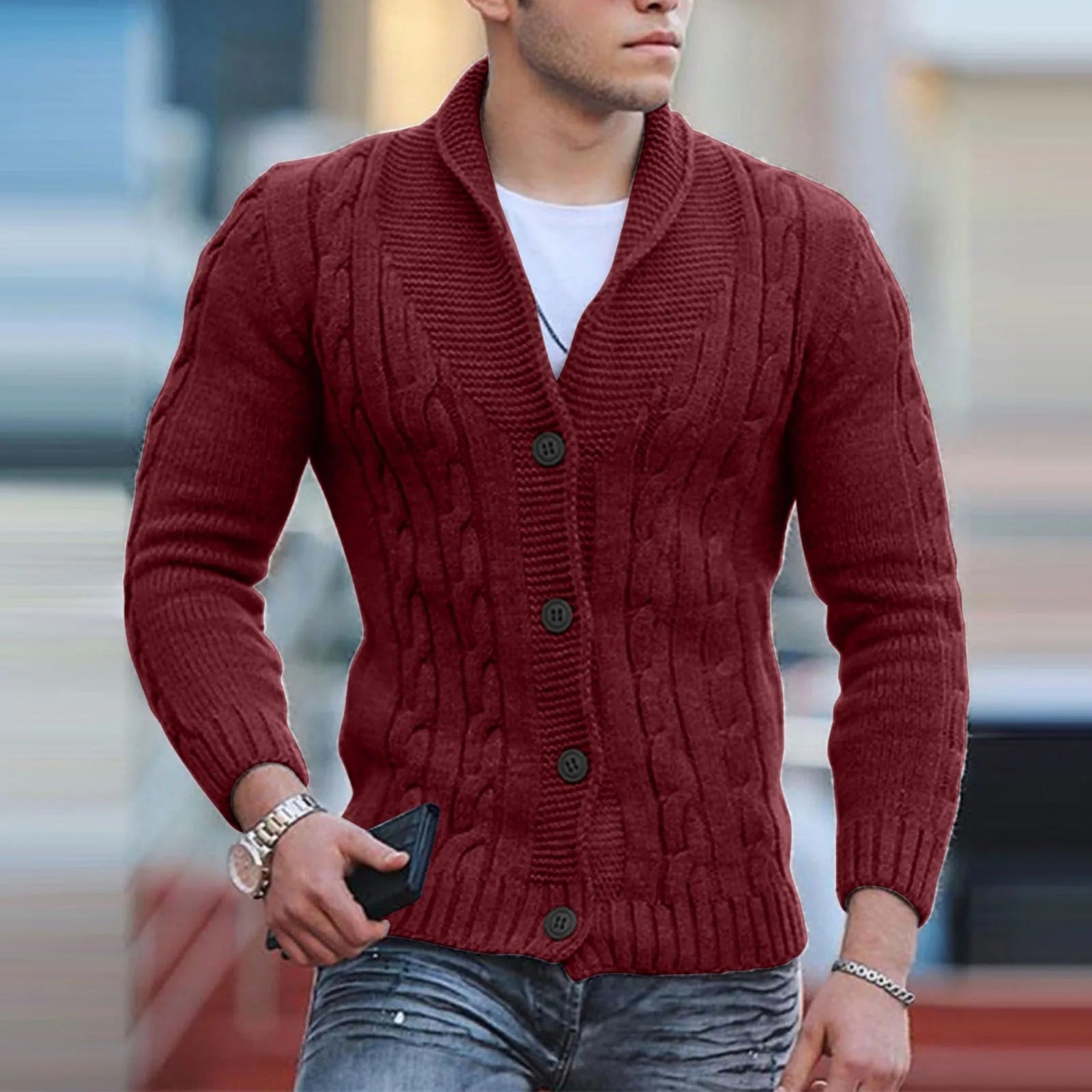Men's Cable Knit Shawl Collar Cardigan, Button-Front Classic Knitwear