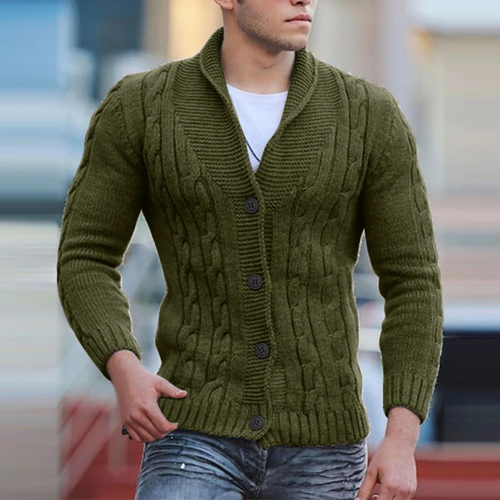 Men's Cable Knit Shawl Collar Cardigan, Button-Front Classic Knitwear