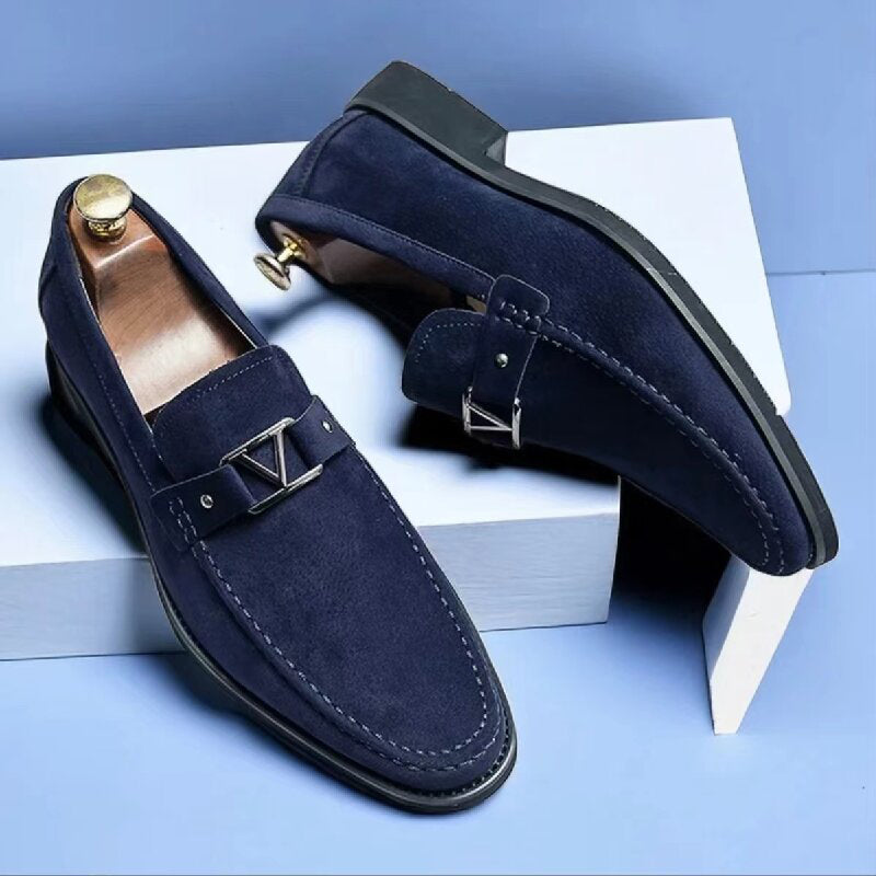 Men's Suede Loafers V Buckle Hardware Slip On Smart Casual