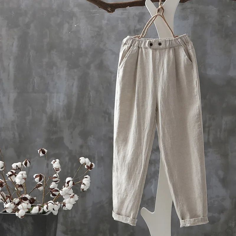 Women's Cropped Pants Women Linen Elastic Waist