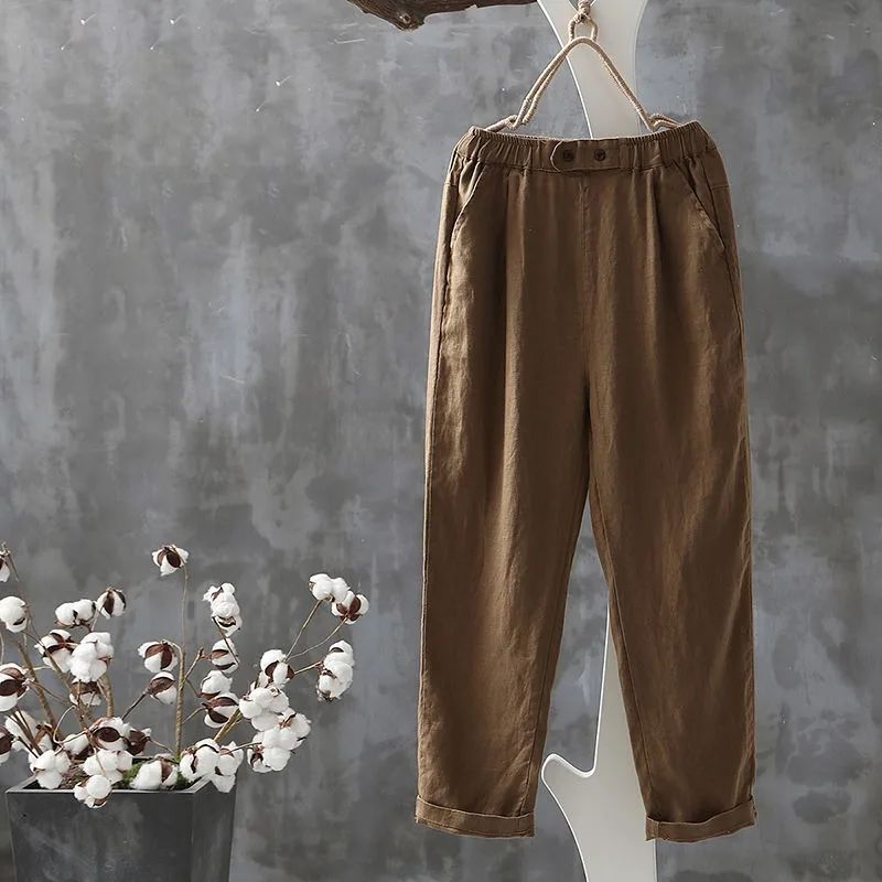 Women's Cropped Pants Women Linen Elastic Waist