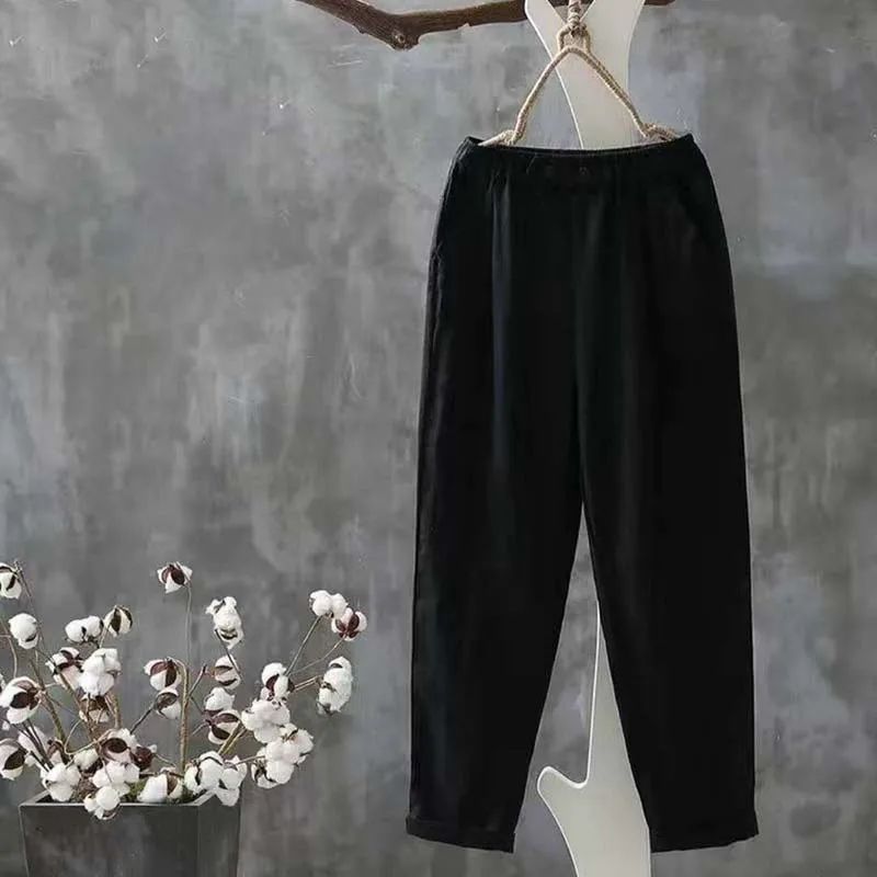 Women's Cropped Pants Women Linen Elastic Waist