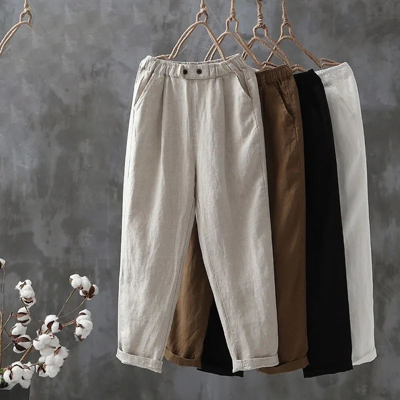 Women's Cropped Pants Women Linen Elastic Waist