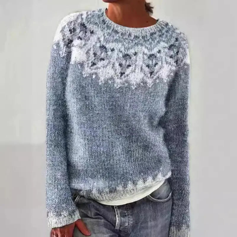 Women's Fair Isle Jumper, Crew Neck Yoke Pattern Loose Fit Knitwear