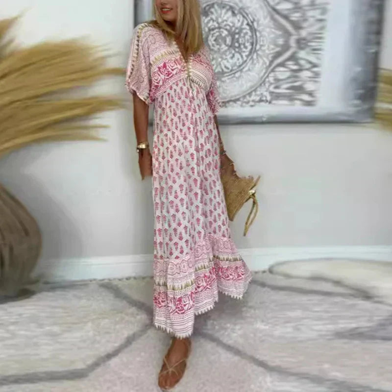 Women's Maxi Dress Woven Fabric Loose Fit V Neck Short Sleeve