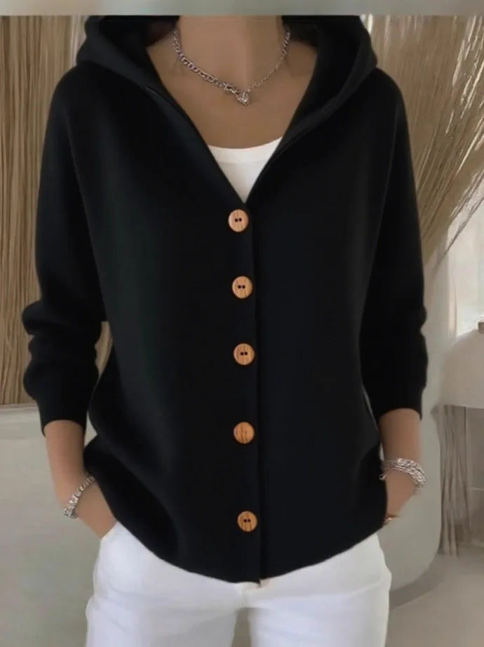 Women's Hooded Knitted Cardigan, Button-Front Loose Fit Knit Jacket