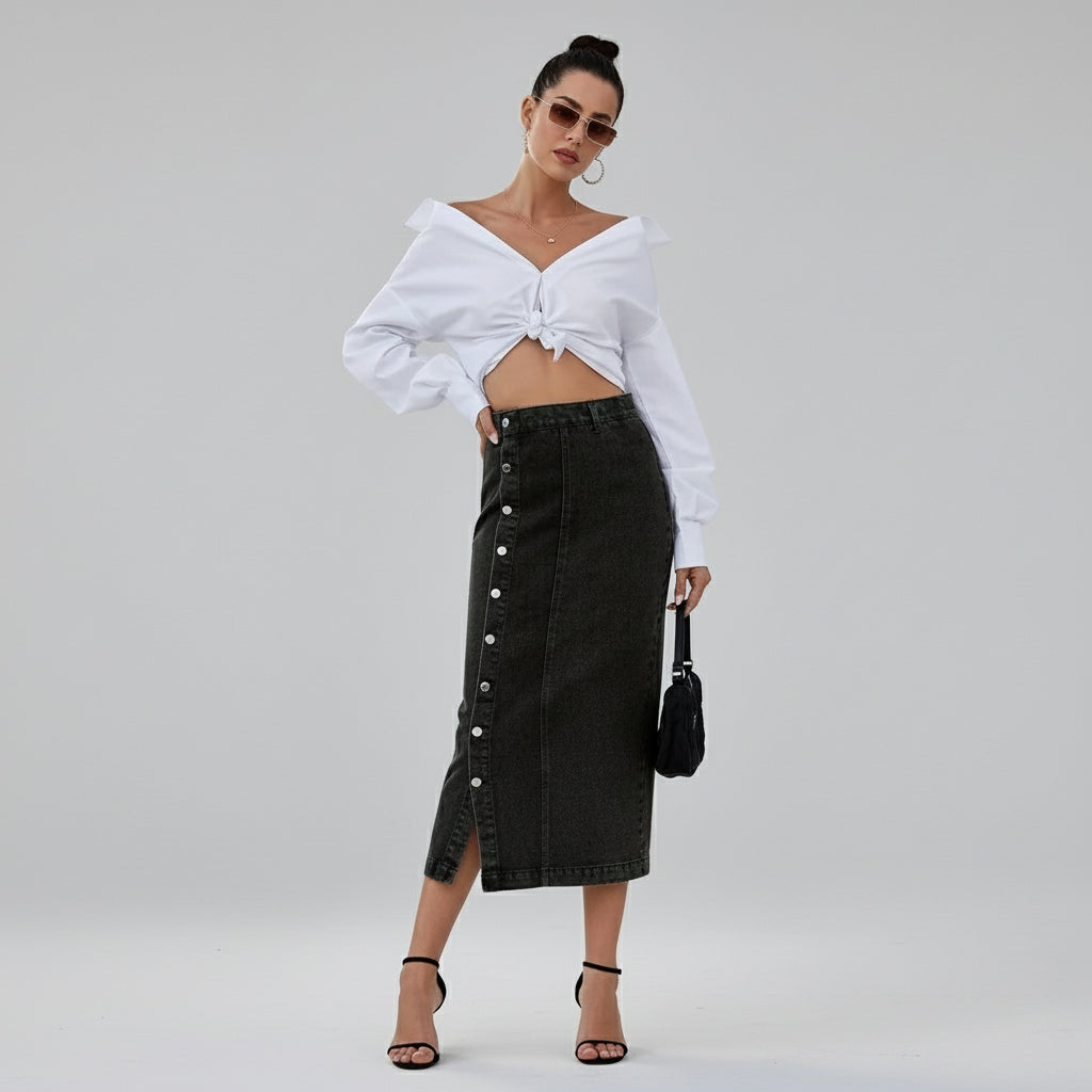 Axelle / Women’s High-Slit Denim Midi Skirt