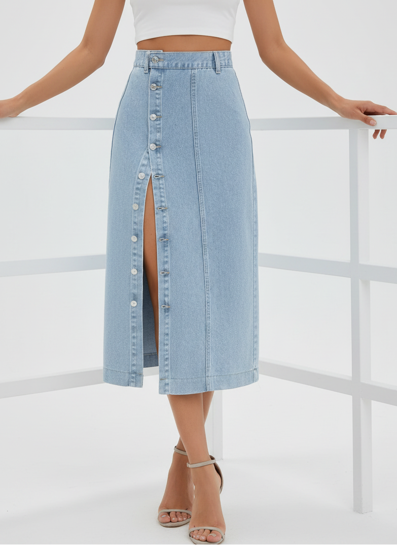 Axelle / Women’s High-Slit Denim Midi Skirt