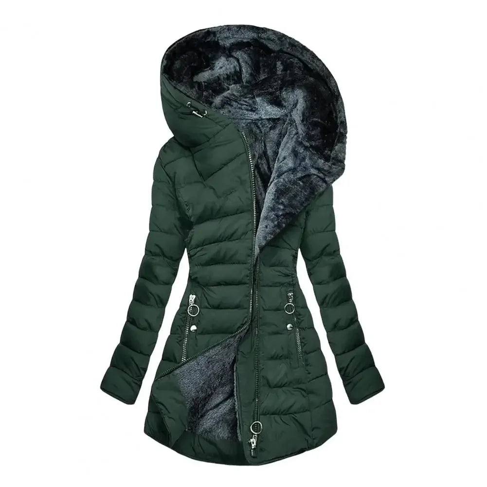 Women's Hooded Quilted Parka Coat, Windproof Down Coat with Plush Lining