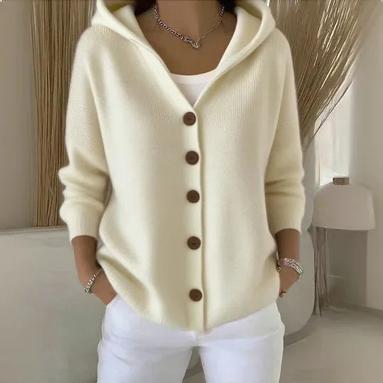 Women's Hooded Knitted Cardigan, Button-Front Loose Fit Knit Jacket