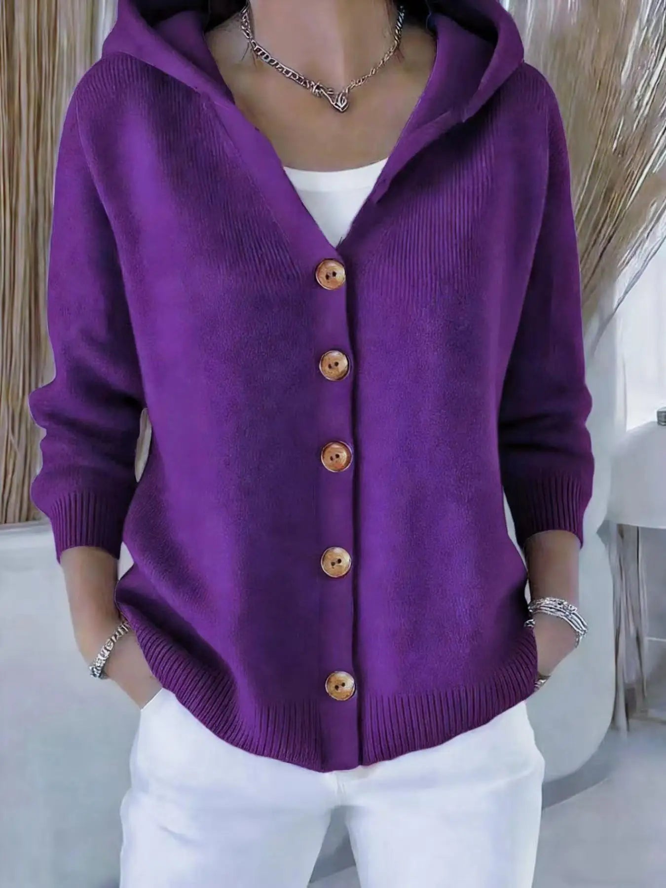 Women's Hooded Knitted Cardigan, Button-Front Loose Fit Knit Jacket