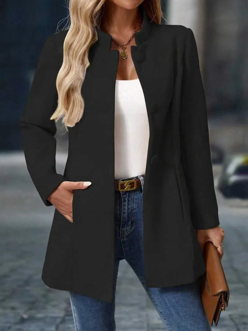 Women's Stand Collar Pea Coat, Single-Breasted Mid-Length Tailored Coat