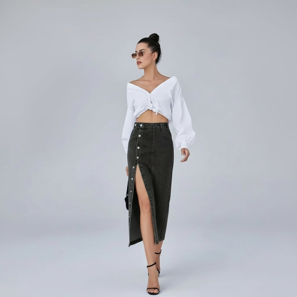 Axelle / Women’s High-Slit Denim Midi Skirt