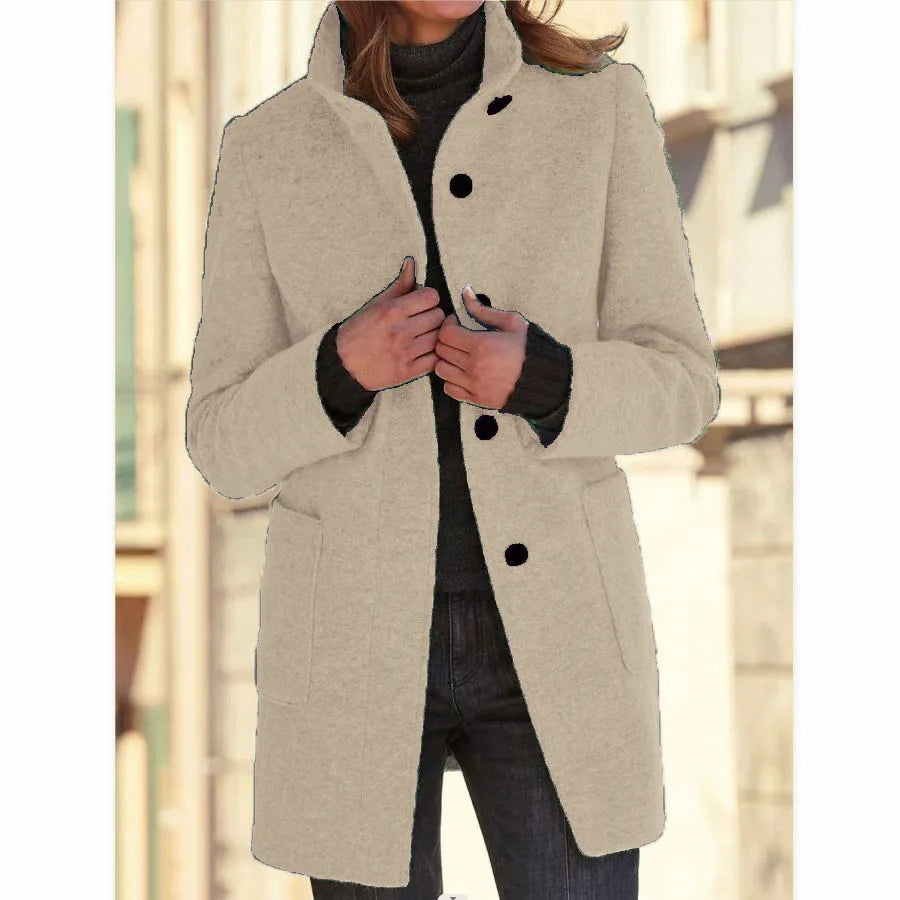 Women's Stand Collar Longline Coat, Single-Breasted Straight Fit Jacket with Pockets