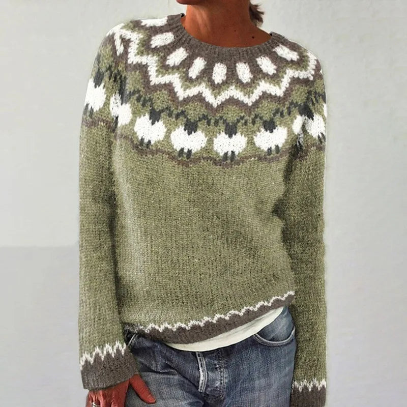 Women's Fair Isle Jumper, Crew Neck Yoke Pattern Loose Fit Knitwear