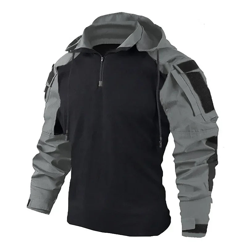 Men's Tactical Combat Jacket, Camo Hooded Pullover with Elbow Pad Detailing