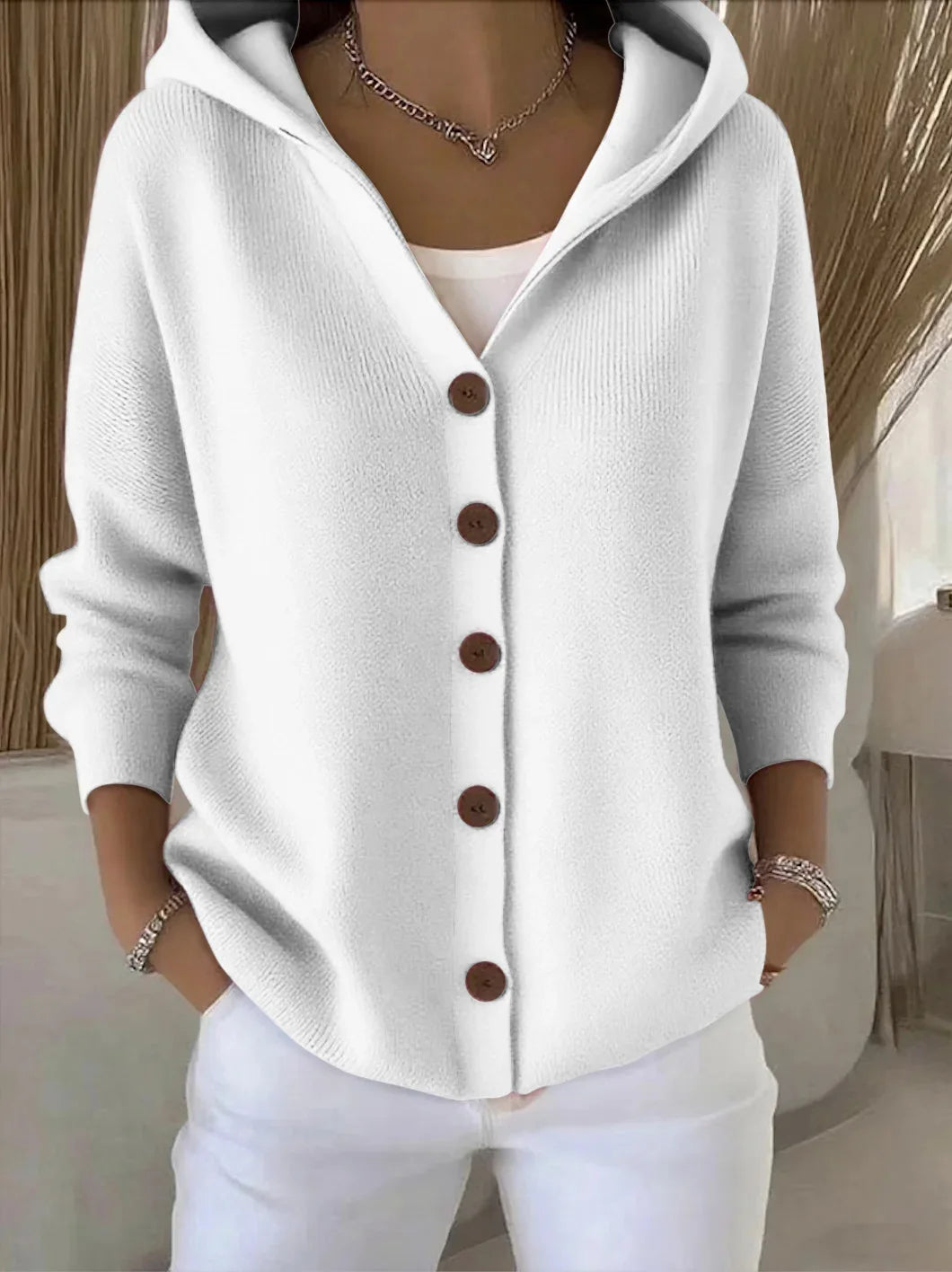 Women's Hooded Knitted Cardigan, Button-Front Loose Fit Knit Jacket