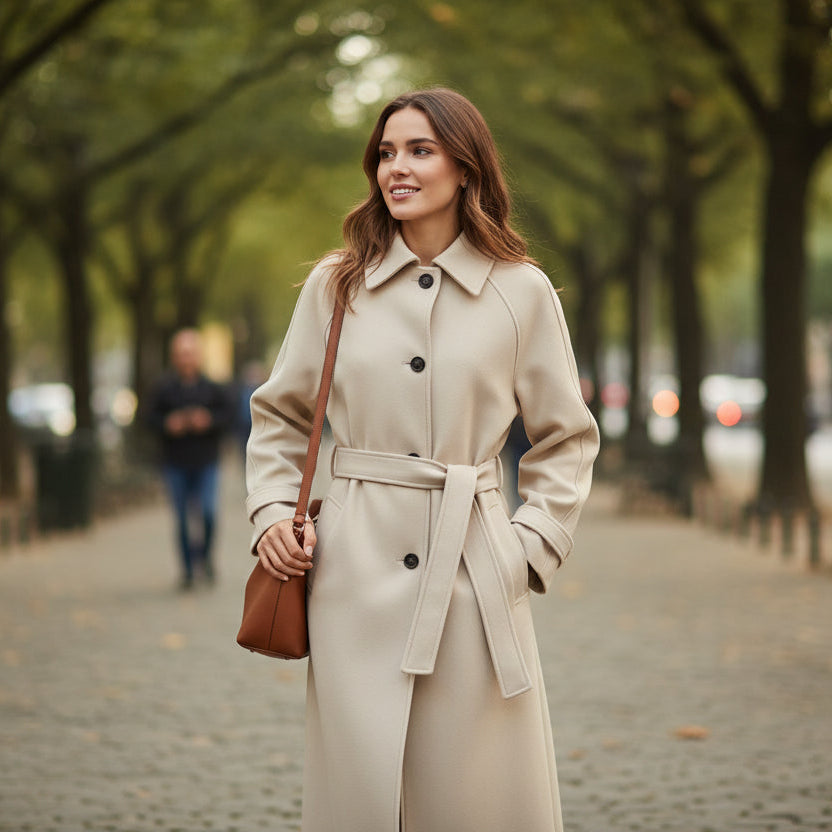 Beige trench coat with a belt on a white background