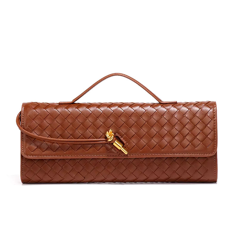 Women’s Woven Faux Leather Clutch Bag with Top Handle, Flap Closure and Metal Fastening