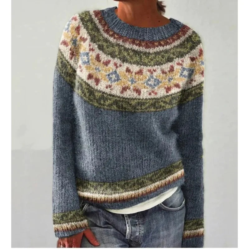 Women's Fair Isle Jumper, Crew Neck Yoke Pattern Loose Fit Knitwear