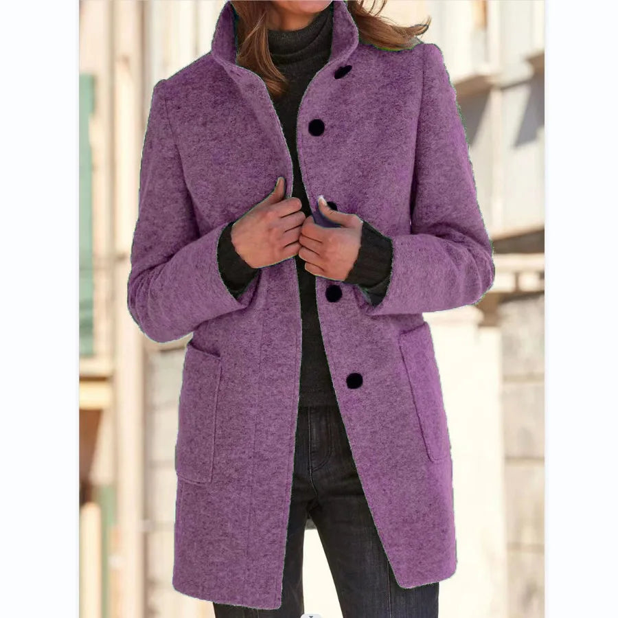 Women's Stand Collar Longline Coat, Single-Breasted Straight Fit Jacket with Pockets
