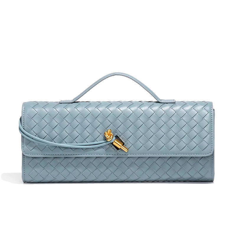 Women’s Woven Faux Leather Clutch Bag with Top Handle, Flap Closure and Metal Fastening