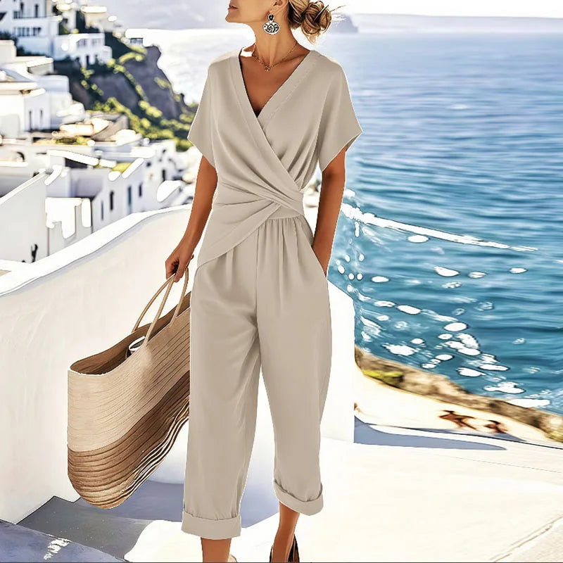 Women's Jumpsuit Woven Fabric Wrap Front V Neck Short Sleeve Cropped