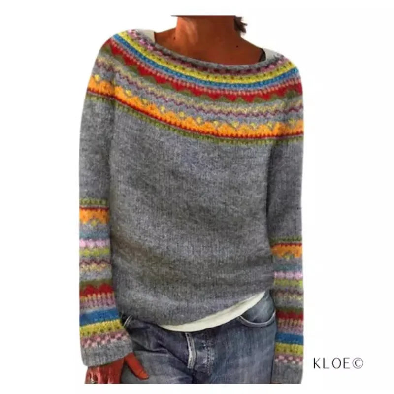 Women's Fair Isle Jumper, Crew Neck Yoke Pattern Loose Fit Knitwear