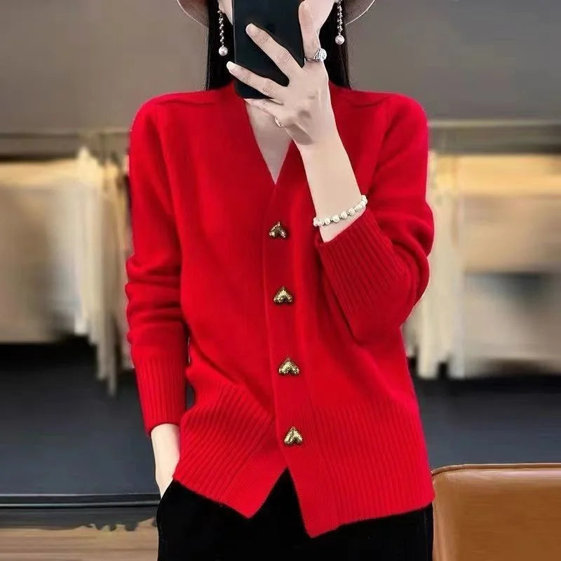 Women's V-Neck Knitted Cardigan, Button-Front Lightweight Relaxed Fit
