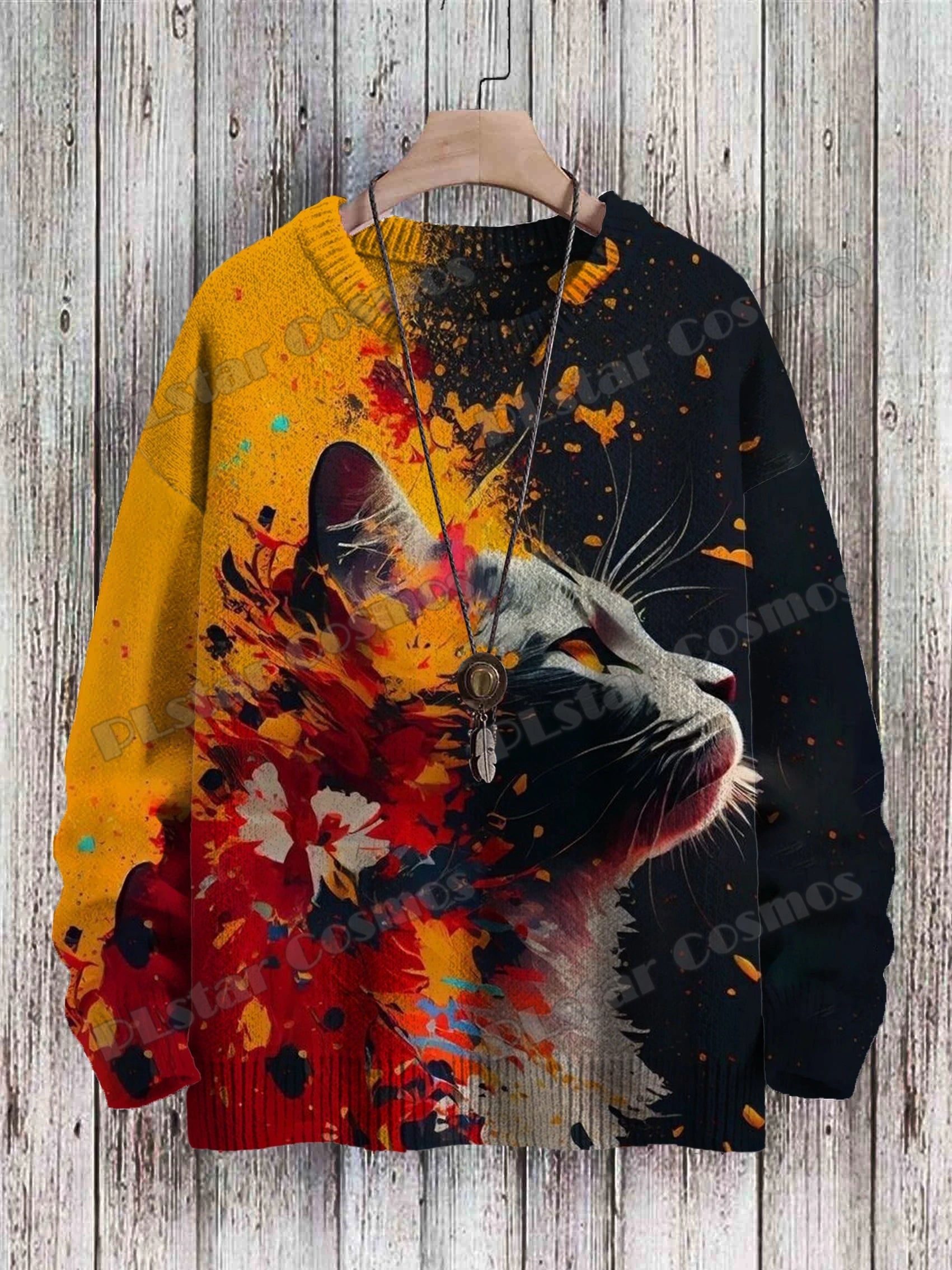 Men's Crew Neck Printed Jumper, Multicolour Abstract Pattern Knitted Pullover