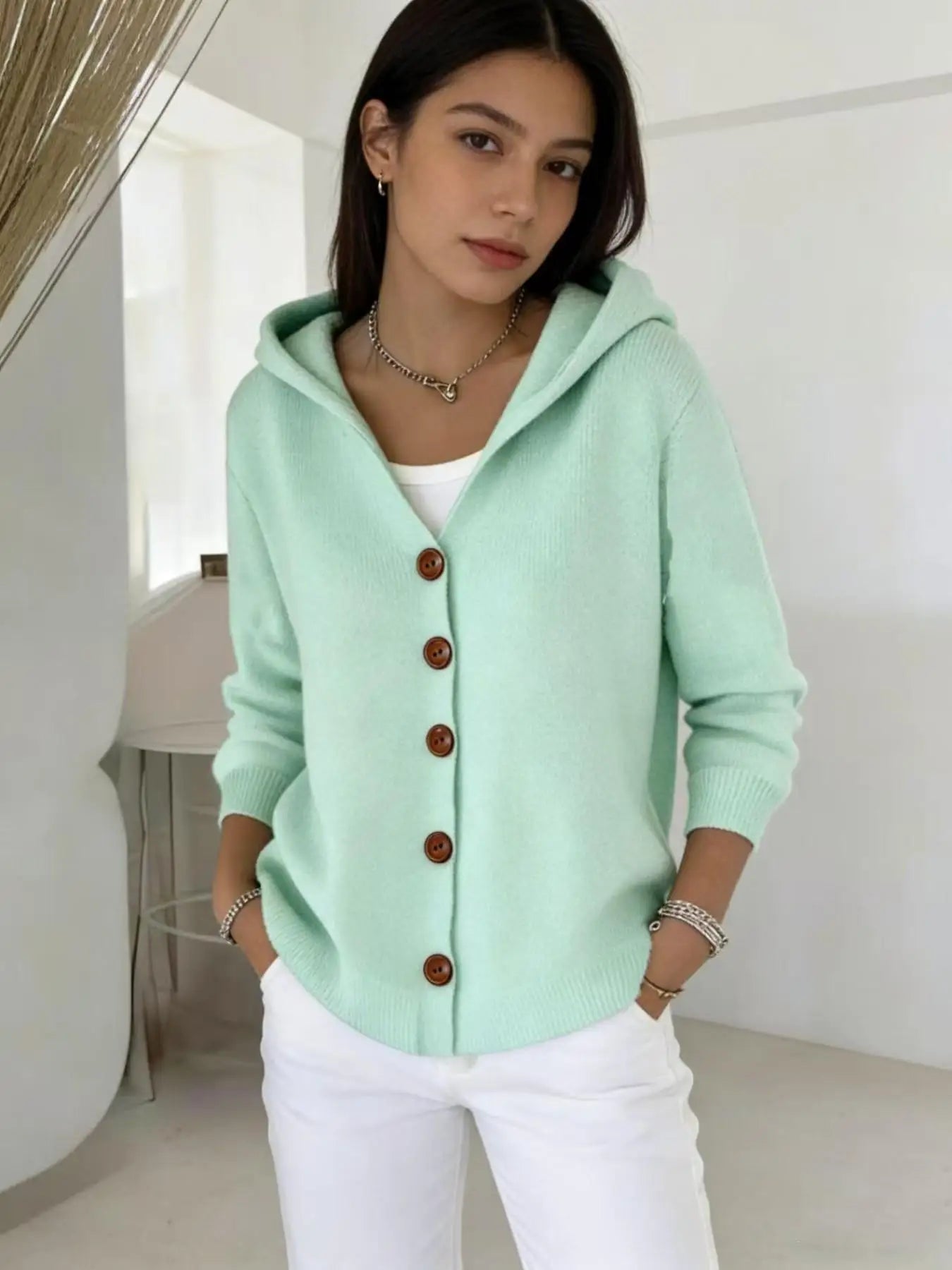 Women's Hooded Knitted Cardigan, Button-Front Loose Fit Knit Jacket