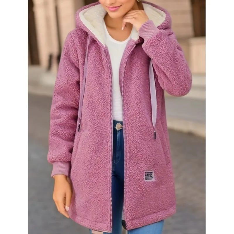 Women's Longline Borg Hooded Jacket, Drawstring Cardigan Coat with Pockets